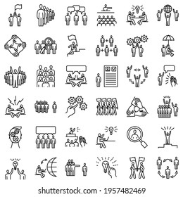 Joint business, teamwork - simple icons. Search for workers, problems in the team, brainstorming, team victory, solving the problem. Set of vector icons, isolated, oultine. Perfect pixel 48x48.