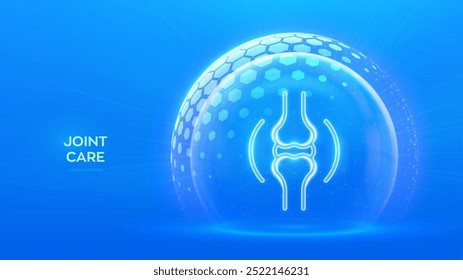 Gemeinsame Pflege und Schutz. Gesunde gemeinsame medizinische Konzept. Gelenk-Anatomie-Symbol im Schutzkugelschild mit Hexagon-Muster auf blauem Hintergrund. Behandlung von Schäden, Arthritis. Vektorgrafik.