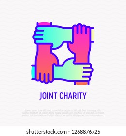 Joint charity thin line icon: four hands holding each other for wrist. Modern vector illustration of support and teamwork.