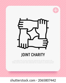 Joint charity thin line icon, four hands holding each other for wrist. Support, help. Modern vector illustration of partnership symbol.