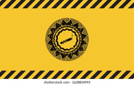 joint, cigarette icon black grunge emblem, yellow warning sign. Vector Illustration. Detailed.