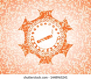 joint, cigarette icon inside abstract orange mosaic emblem with background