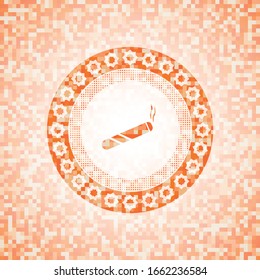joint, cigarette icon inside abstract emblem, orange mosaic background