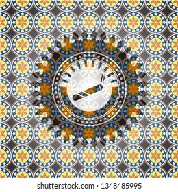 joint, cigarette icon inside arabic badge background. Arabesque decoration.