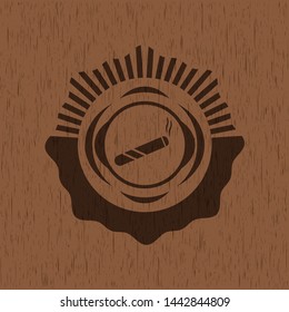 joint, cigarette icon inside badge with wood background