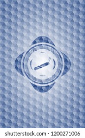 joint, cigarette icon inside blue emblem or badge with geometric pattern background.