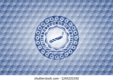joint, cigarette icon inside blue emblem or badge with abstract geometric pattern background.