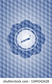 joint, cigarette icon inside blue emblem or badge with abstract geometric polygonal pattern background.