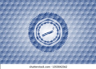 joint, cigarette icon inside blue emblem with geometric pattern.