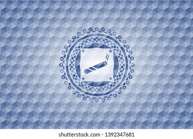 joint, cigarette icon inside blue emblem or badge with geometric pattern background.