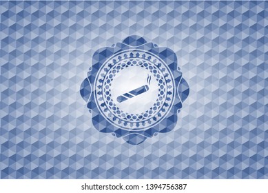 joint, cigarette icon inside blue emblem or badge with abstract geometric polygonal pattern background.