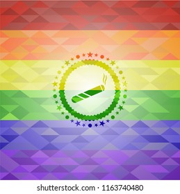 joint, cigarette icon inside emblem on mosaic background with the colors of the LGBT flag
