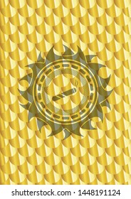 joint, cigarette icon inside gold emblem or badge. Scales pattern. Vector Illustration. Detailed.