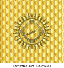 articulación, icono del cigarrillo dentro del emblema del oro. Patrón de escalas. Ilustración vectorial. Detallado. 