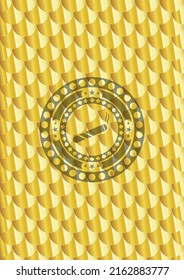 Gelenk, Zigarettensymbol in goldglänzendem Schild. Skaliert Muster. Vektorgrafik. Detaillierte Angaben. 