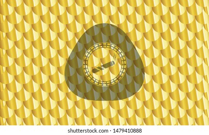 joint, cigarette icon inside golden emblem or badge. Scales pattern. Vector Illustration. Detailed.
