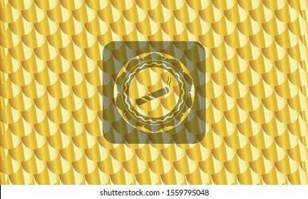 joint, cigarette icon inside golden badge or emblem. Scales pattern. Vector Illustration. Detailed.