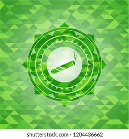 joint, cigarette icon inside green emblem with triangle mosaic background