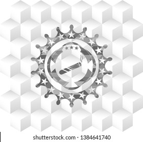 joint, cigarette icon inside grey badge with geometric cube white background