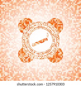 joint, cigarette icon inside orange tile background illustration. Square geometric mosaic seamless pattern with emblem inside.