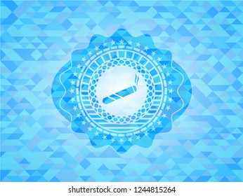 joint, cigarette icon inside realistic sky blue emblem. Mosaic background