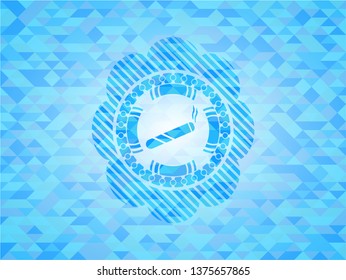 joint, cigarette icon inside realistic light blue emblem. Mosaic background