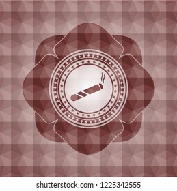 joint, cigarette icon inside red seamless emblem with geometric pattern background.