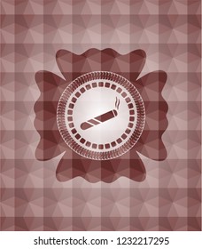joint, cigarette icon inside red seamless emblem or badge with abstract geometric pattern background.