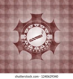 joint, cigarette icon inside red seamless emblem or badge with abstract geometric pattern background.