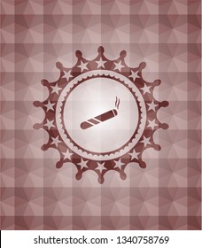 joint, cigarette icon inside red emblem with geometric pattern. Seamless.