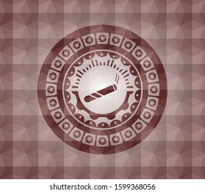 joint, cigarette icon inside red seamless emblem or badge with abstract geometric pattern background.