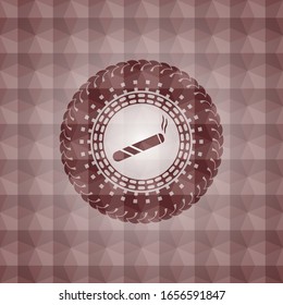 Gelenk-, Zigarettensymbol innerhalb eines roten, nahtlosen Emblems oder Abzeichen mit abstraktem geometrischem Hintergrund.