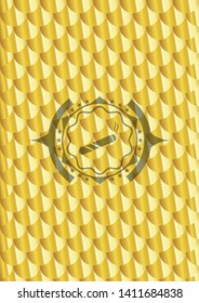joint, cigarette icon inside shiny golden emblem. Scales pattern. Vector Illustration. Detailed.