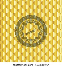 joint, cigarette icon inside shiny golden badge. Scales pattern. Vector Illustration. Detailed.