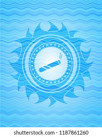 joint, cigarette icon inside sky blue water style emblem.