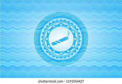 joint, cigarette icon inside sky blue water wave style badge.