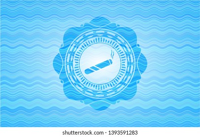 joint, cigarette icon inside sky blue water wave badge background.