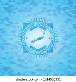 joint, cigarette icon inside sky blue emblem. Mosaic background