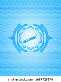 joint, cigarette icon inside sky blue water style emblem.