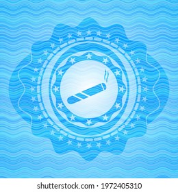 joint, cigarette icon inside sky blue water style emblem. 