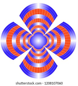 Joint, colored arcs, white lines, squares, form a stylized cross with a free center.
