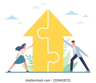 Joint cooperation. Man and woman connect big puzzle, people collaboration and business partnership, working characters solution creation, teamwork concept vector isolated illustration