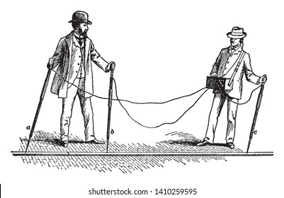 Gemeinsame Erkennung, bei der die Drähte mit den Polen verbunden sind, die zu der Schachtel führen, die der andere Mann hält, Vintage-Linie Zeichnung oder Gravitation Illustration.