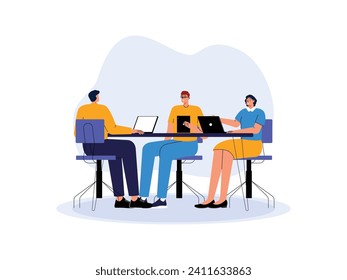 Joint discussion in the meeting room with office friends, teamwork vector illustration.