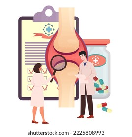 Joint disease concept. Doctors examining knee joint and prescribing medicines, cure. Osteoarthritis, rheumatoid arthritis treatment. Knee injury. Checkup after trauma. Flat vector illustration.