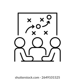 Um esforço conjunto para escolher uma estratégia para chegar a um objetivo, ícone linear. Pessoas à mesa escolhendo e tomando uma decisão estratégica. Discussão e decisão coletiva. Linha com traçado editável