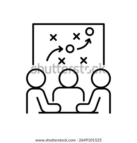 A joint effort to choose a strategy to get to a goal, linear icon. People at the table choosing and making a strategic decision. Discussion and collective decision. Line with editable stroke