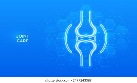 Gemeinsames Symbol. Gemeinsame Gesundheit. Gelenkschmerzen, Entzündungen, Schäden, Behandlung von Arthritis. Physiotherapie, Diagnostikkonzept. Molekulare Struktur. Blauer medizinischer Hintergrund mit Sechsecken. Vektorgrafik.