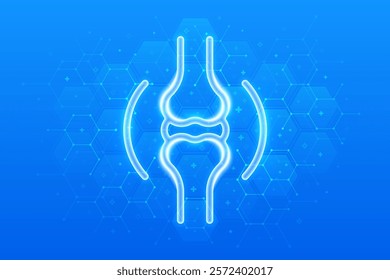 Joint icon. Joint health. Joint pain, inflammation, damage, arthritis treatment. Physiotherapy, Diagnostics concept. Molecular structure. Blue medical background with hexagons. Vector illustration.
