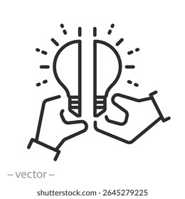 Icono de idea conjunta, manos asociadas con bombilla, símbolo de línea delgada sobre fondo blanco - Ilustración vectorial editable de trazo EPS 10
